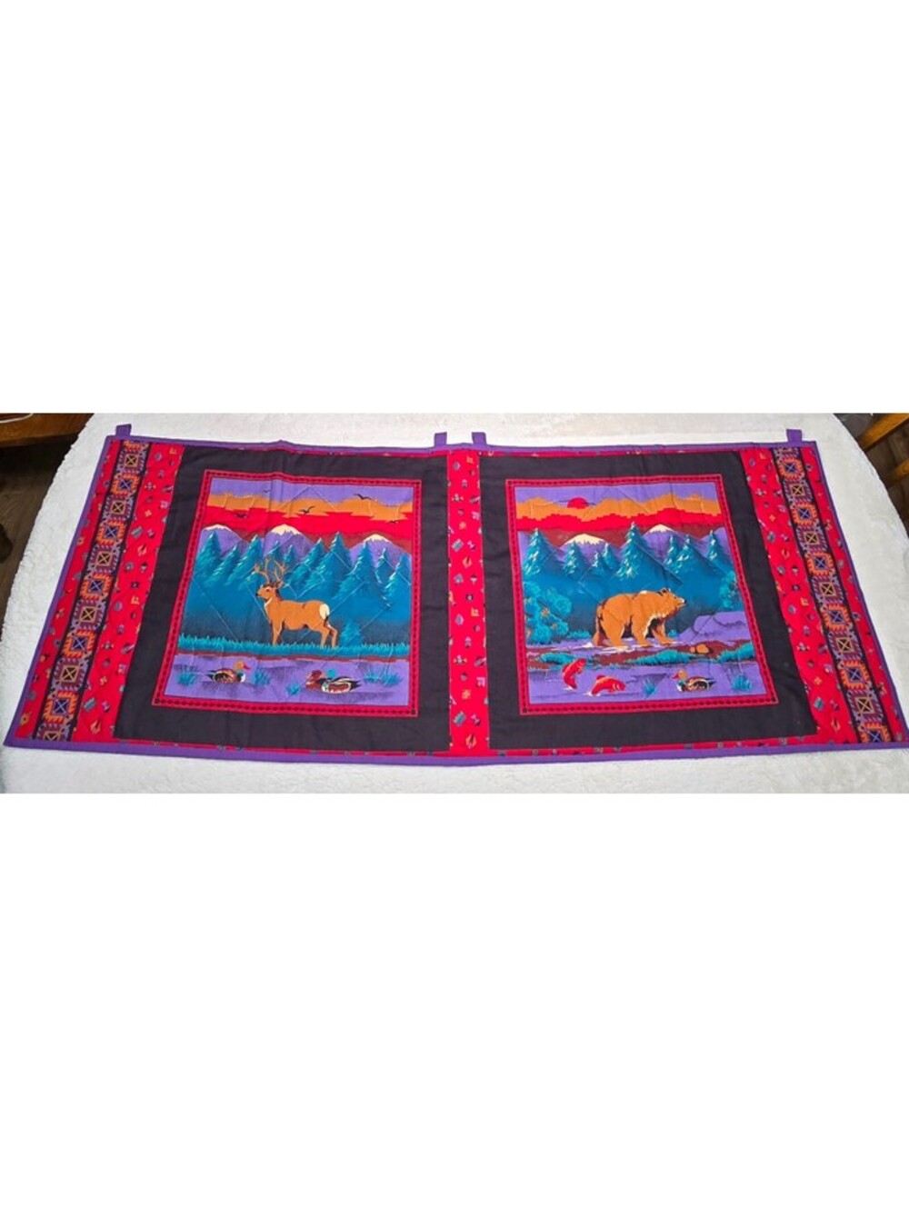 Vtg Cranston VIP Wildlife Quilted Valance Wall Hanging Bear Deer Cabin Lodge 41"